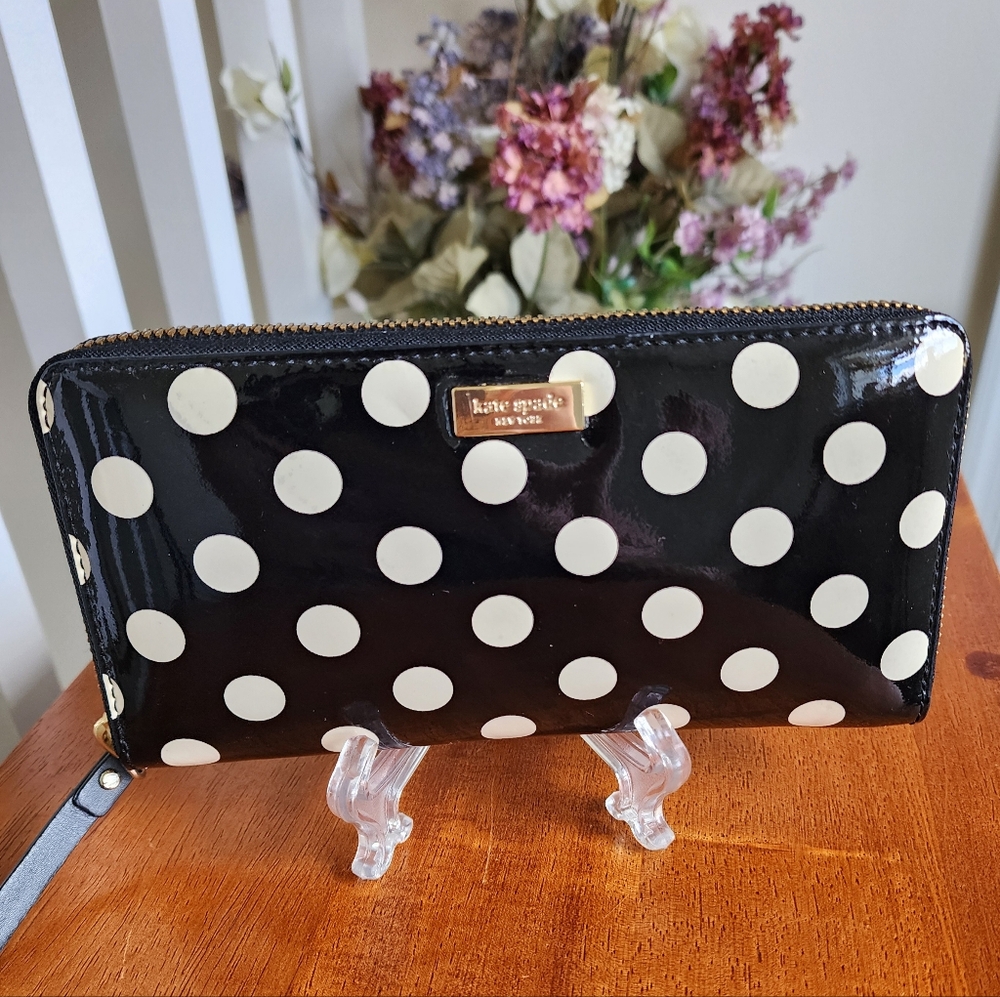 Kate Spade Black and White Patent Leather Polka Dot Wallet, Zip Around